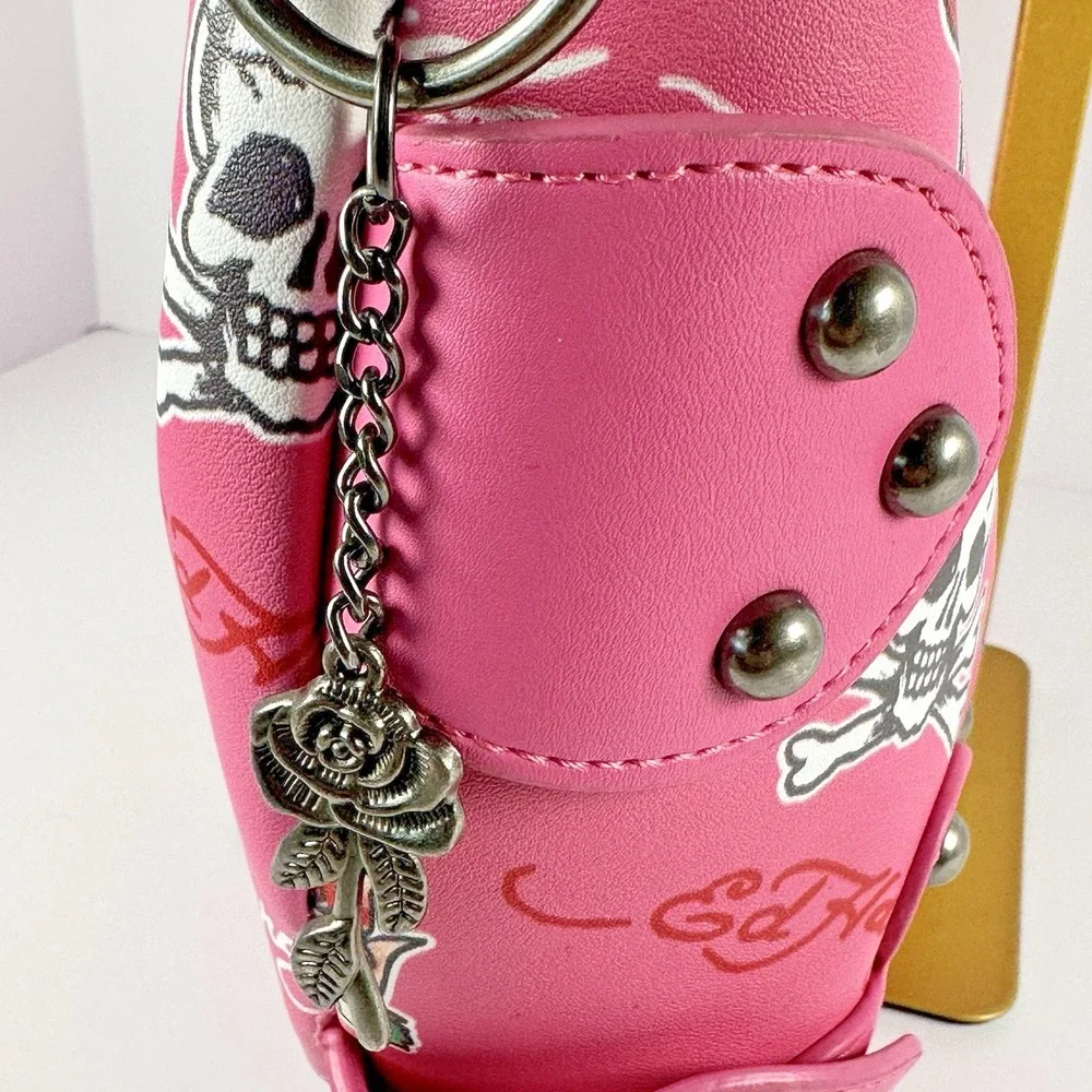 Ed Hardy Pink Tattoo Print Studded Hobo Shoulder Bag Skull Y2K Punk